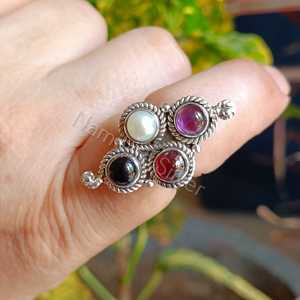 Women's Handmade <b>Statement</b> <b>Ring</b> in Sterling Silver with Garnet Amethyst Pearl Black Onyx Multi-Gemstone for Party - Product Image 6