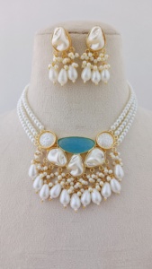 Rajnigandha <b>Pearl</b> Elegance <b>Necklace</b> <b>Set</b> with Textured Gold Discs and <b>Pearl</b> Tassels Customizable Bulk Wedding Product Design - Product Image 4