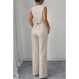 Ensemble deux pièces en lin pour femme, chemisier sans manches boutonné devant et pantalon, 36006 - Beige - Product Image 3