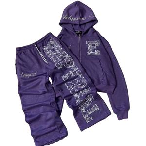 Conjunto Deportivo Casual de Forro Polar de Poliéster al por Mayor con Logotipo OEM, Serigrafía, Pedrería, Sudadera con Cremallera y Pantalones Acampanados Tallas Grandes - Product Image 1