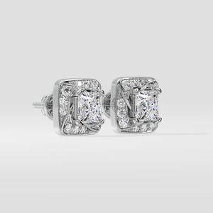 Boucles d'oreilles clous mini en diamant de laboratoire taille princesse avec halo, or blanc 14K, clarté VVS, couleur E, certifiées, tendance, vente en gros, haute qualité - Product Image 2