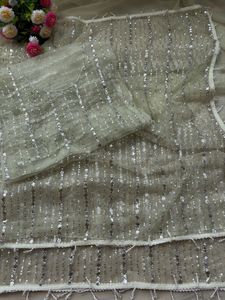 Sari indien haut de gamme exclusif en tissu filet doux avec perles et dentelle fantaisie, élégant, ethnique, pour mariages, fêtes et occasions festives, séchage rapide - Product Image 6