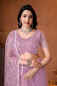 Sari de red rosa malva de lujo con bordado pesado de lentejuelas plateadas, diseño Bollywood, para bodas y fiestas indias, para mujer - Product Image 5