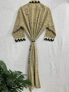 Albornoz de algodón con estampado de bloques hecho a mano para mujer, ropa de dormir larga de verano, cubierta de playa, dama de honor, cintura de novia Natural - Product Image 5