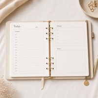 Agenda quotidien personnalisé LABON A5, couverture en PU crème, logo doré, reliure à anneaux rechargeable, bande élastique, carnet à ouverture à plat pour marque privée