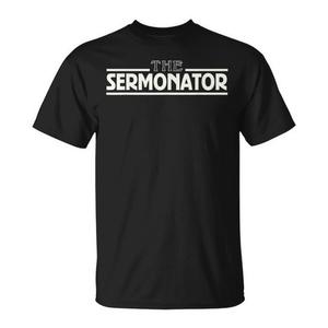 T-shirt Sermonator noir unisexe à col rond et manches courtes, vêtements cadeaux pour l'église - Product Image 1