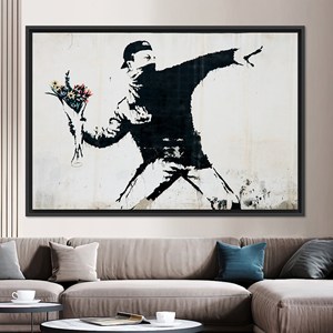 Toile imprimée élégante avec des fleurs de Banksy, art graffiti, décoration murale, TOILE ENCARTÉCHÉE NOIRE - Product Image 1