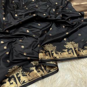 Sari de Seda Mysore VASTRA COTTAGE con Pallu Dorado, Motivo de Ciervo, Borde Zari y Trabajo Elegante, Prenda Tradicional de Lujo - Product Image 6