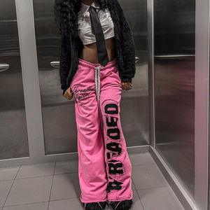 Custom Rhinestone Screen Printed <b>Baggy</b> Wide Leg Sweat Pants Oversized Mid Waist Cotton Knit <b>Jogger</b> Trousers Dark Wash Casual - Product Image 2