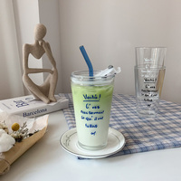 Ins Style Bleu Noir Blanc Lettre Impression Sippy Cup Water Tumbler Tasse en verre avec couvercle et paille