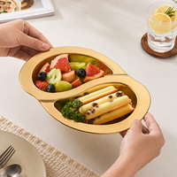 Koreaanse stijl roestvrijstalen dubbele compartimenten schaal gouden ovale verdeelde snack- en sausschaal metalen serveerschaal