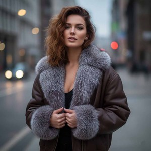 Veste de motard en cuir véritable pour femme avec col en fourrure de renard et fermeture éclair, streetwear d'hiver - Product Image 2