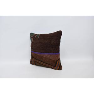 Almohada de retazos Kilim de lana marrón, almohada decorativa de 16x16 pulgadas, ropa de cama tejida con estampado Floral Vintage, suelo portátil - Product Image 4