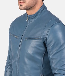 Veste de moto formelle en cuir véritable bleu pour homme, style café racer, col montant, respirante, écologique - Product Image 2