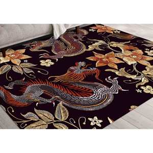 Alfombra con Estampado de Dragón Chino, Diseño Floral Mítico, Alfombra Delgada No Tejida - Product Image 3