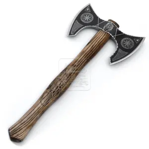 Cabeça dupla viking axe DD-VikingAxe-101 northmen, tomahawk estilo viking, artesanal, machado com arremesso, cabeça de aço carbono, machado forjado à mão