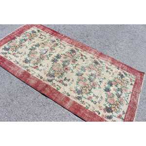 Tapis turc 3,7x7,2 pieds, tapis en laine rouge et blanc à bordures - Product Image 4