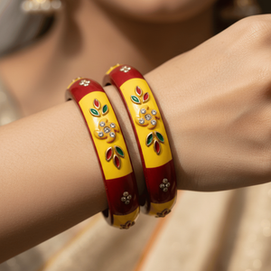 <b>Set</b> of 2 Fine <b>Bangles</b> Red & Yellow Floral Stone Lac Design - Product Image 1