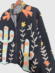 Veste à col mandarin brodée à la main avec motif cactus, manches longues, coupe ample, vêtements de printemps pour adultes, coton, taille plus pour femmes - Product Image 5