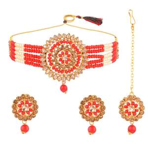 Indian Wholesale <b>Jewellery</b> <b>Floral</b> Faux Pearl Beaded Multi Layered CZ Crystal Choker Traditional Maag Tikka Earring Set, Red - Product Image 1