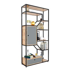 Estante Decorativo de Diseño Industrial Moderno de 90x30x180cm con Gabinete de Madera de Caucho KTB68072, Mueble de Sala de Estar con 5+ Compartimentos - Product Image 1
