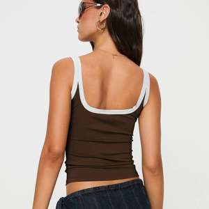 Women's Hip Hop Short Slim Fit Ribbed Knitted Tank <b>Top</b> Crew Neck Color Contrast Stretchy Soft Breathable 100% Cotton - Product Image 6