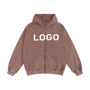 Sudaderas con capucha con cremallera completa para hombre lavadas con ácido de talla grande 350G algodón poliéster liso otoño Casual peso medio gota hombro Sudadera con capucha - Product Image 1