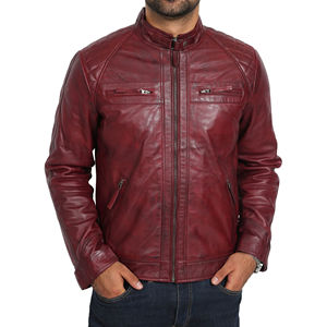 Veste en cuir de motard matelassée style bombardier pour homme col montant Bowie bordeaux avec cuir 100% - Product Image 4