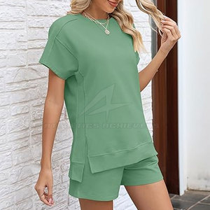 Conjuntos de entrenamiento informales de diseño personalizado para mujer, pantalones cortos y camisa de patrón sólido, precio al por mayor para Primavera/Verano - Product Image 6