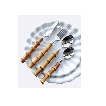 Lepel Vork Metalen Bestek Bamboe Houten Handvat Home Dining Tafelblad Dineren Handgemaakte Besteksets Voor Luxe Restaurants
