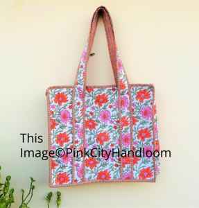 100% Pure Cotton Large Capacity Tote Bag for Women Indian Quilted Grocery Organizer Floral Printed Travelling Bags With Zipper - Product Image 1