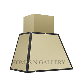Campana extractora de acero inoxidable dorada, diseño personalizado, superventas, para instalar bajo el gabinete, con acabado antiguo personalizado, tiras y remaches - Product Image 1