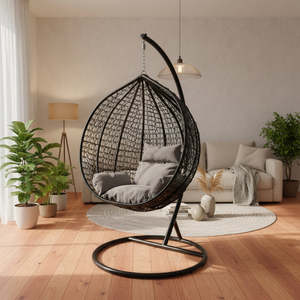 Hanging Egg <b>Chair</b> Black with Stand and <b>Grey</b> Cushion - <b>Rattan</b> Outdoor Swing <b>Chair</b> - Product Image 2