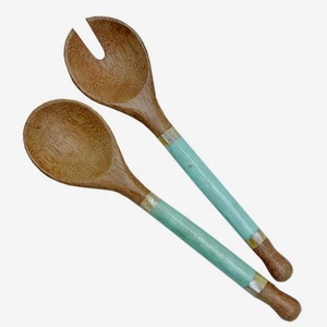 Nuevo juego de Servicio de ensalada con mango de cerámica medio blanco, juego de servidor de ensalada de madera, juego de servidor de cocina para Cena - Product Image 2