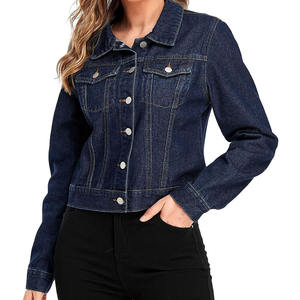 Veste femme recadrée Jean mode courte veste en jean légère ajustée extensible avec poches vêtements de mode - Product Image 1