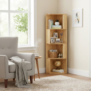Étagère d'angle murale en bois naturel à 4 niveaux KGT68016, étagère de rangement en métal pour salon, salle de bain, cuisine, usage décoratif à domicile - Product Image 2