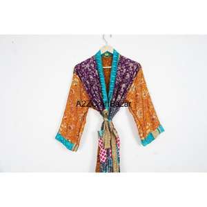 100% Silk V-neck Full-Length Three-Quarter Sleeve Patchwork Casual Luxury <b>Robe</b> with Drawstring Closure for All Seasons - Product Image 2