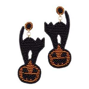 Boucles d'oreilles citrouille d'Halloween brodées à la main avec perles, bijoux fantaisie haut de gamme à prix abordable - Product Image 3