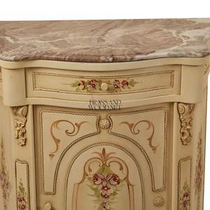 Meuble à chaussures de luxe de style français en crème avec dessus en marbre orné, art floral peint à la main et accents dorés pour entrée de palais - Product Image 2