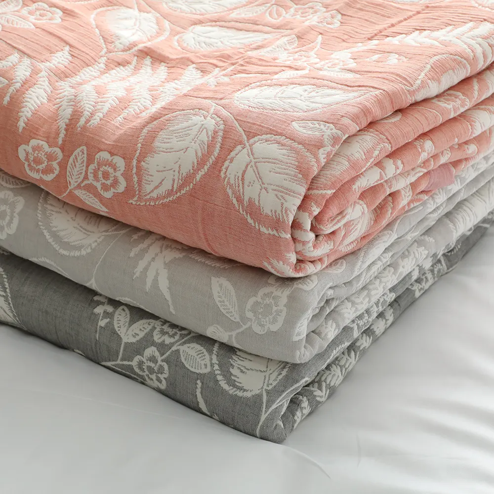 LightGray plant 80in*90in ultra soft charisma 100%cotton yarn-dyed jacquard air layer beach bed blanket