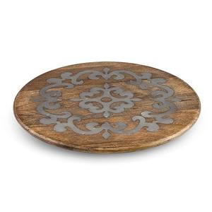 <b>Wooden</b> Lazy Susan Tray With Two Side Iron Handle Natural Wood Polish & Black Powder Coating Round <b>Shape</b> for Serving - Product Image 2