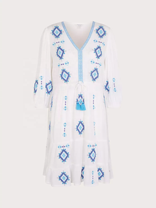 Robe blanche bohème brodée respirante coupe trapèze col en V manches trois quarts motif géométrique mini décontractée été coton - Product Image 5