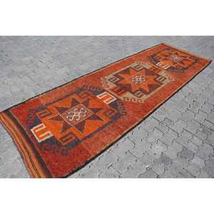 3.37x10.5 ft Turkish Rug, Vintage <b>Runner</b> Rug, <b>Red</b> Brown Striped Wool Rug - Product Image 3