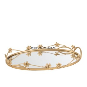 En gros Vente En Vrac Plaqué Or Fleurs Designer Encadré Ovale Forme Miroir Plateau De Service Maison Et Hôtel Ustensiles De Cuisine Fournitures - Product Image 1
