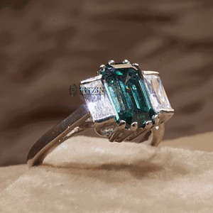 Green <b>Emerald</b> Cut Diamond 3 Stone Style Engagement <b>Ring</b> For Women - Product Image 1
