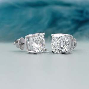 Boucles d'oreilles clous en diamant taille coussin certifiées IGI, motif géométrique en or blanc, pour fiançailles et mariage, or rose, or jaune, perle d'or - Product Image 2