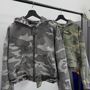 Thick Turn Down Neck Heavyweight Rhinestone Cut and Sew Crystal Streetwear Green Custom Cargo Pocket Windproof Denim <b>Jacket</b> - Product Image 5