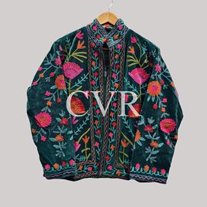 Manteau en velours brodé à la main à motif floral, col mandarin, manches longues, grande taille, vêtements d'extérieur décontractés pour femmes, automne - Product Image 1