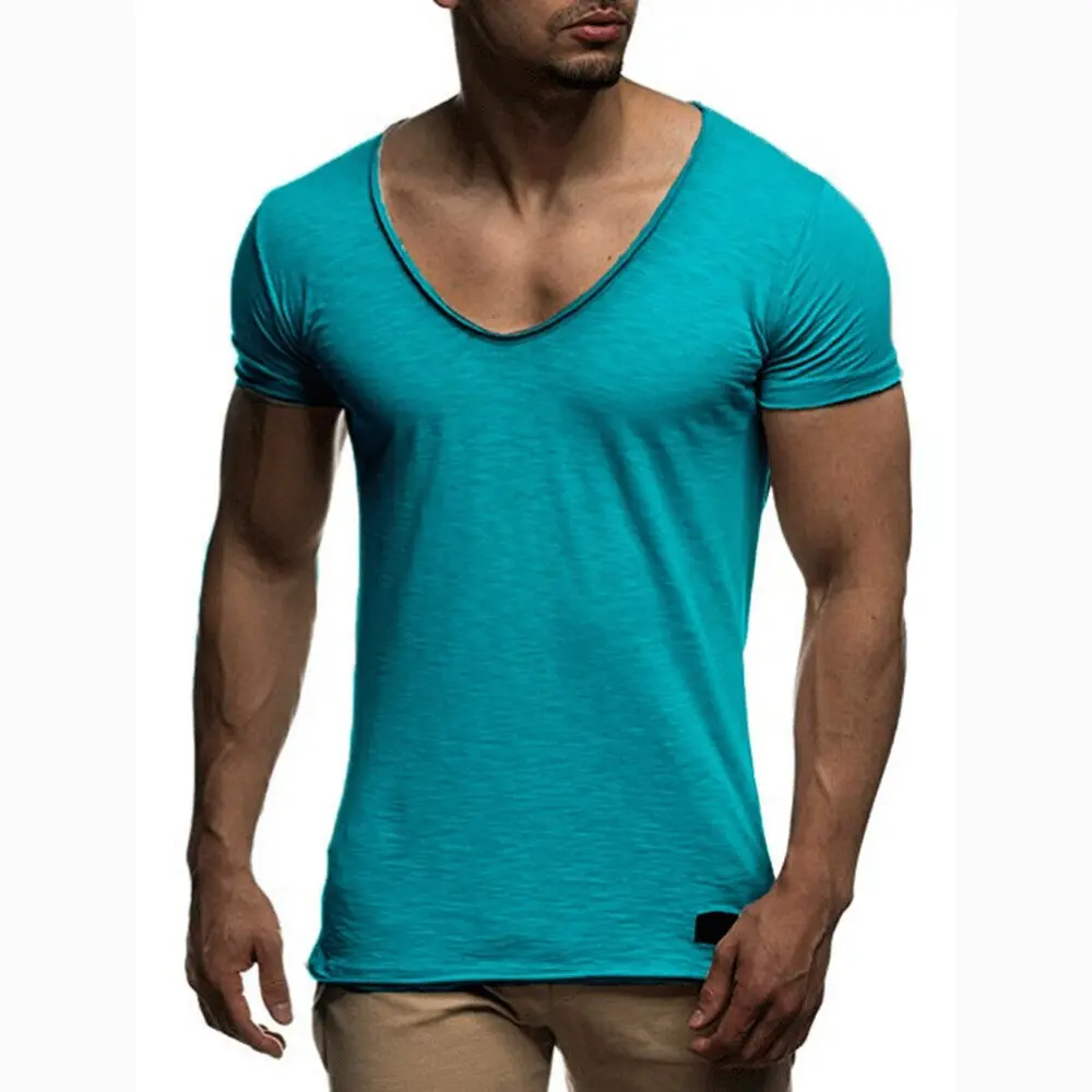 Herren Kurzarm V-Ausschnitt Oberteile lässig schlicht Slim Fit Muskel-T-Shirt T-Bluse UK
