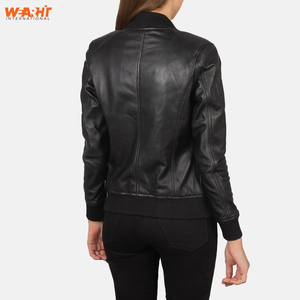 Chaqueta de bombardero con cremallera ajustada de cuero genuino negro para mujer, prendas de vestir exteriores informales con cuello levantado, abrigo de moda con logotipo personalizado transpirable - Product Image 5